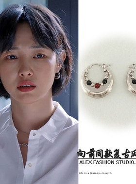 好团圆向前白百何同款金属拉丝串珠耳环复古冷淡风耳圈高级感耳扣