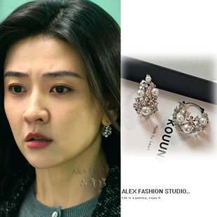 罚罪2文江燕梁洁同款耳环复古轻奢锆石珍珠花朵花篮耳扣时尚耳饰