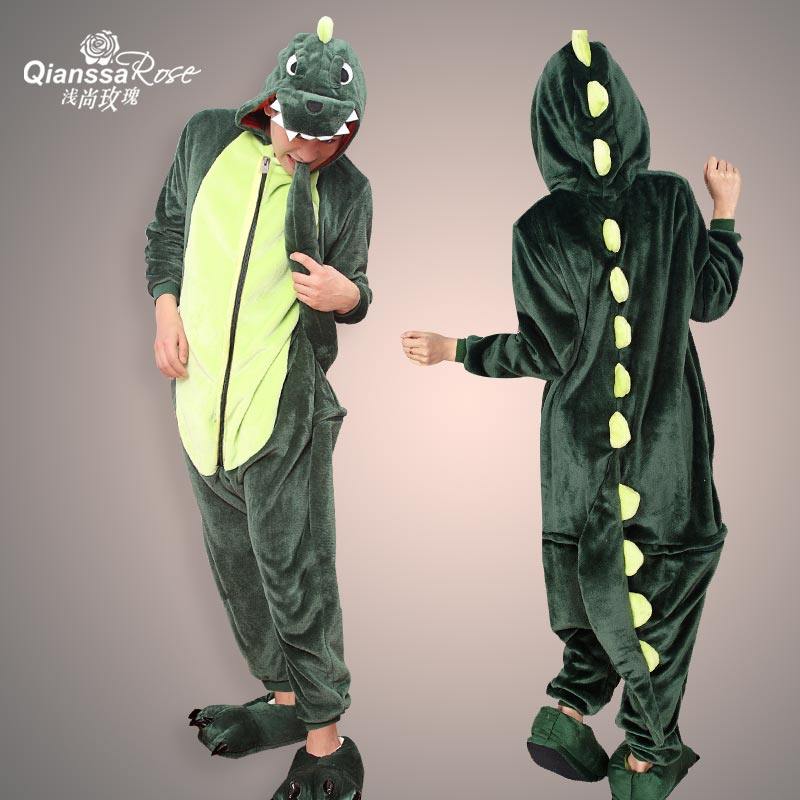 拉链版加厚款珊瑚绒可爱卡通连体恐龙睡衣冬天情侣男女动物家居服