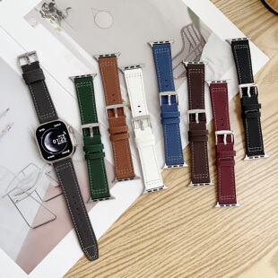 适用苹果飞行员纹理车线皮针扣手表带iwatch11S10987654SE2Ultra3