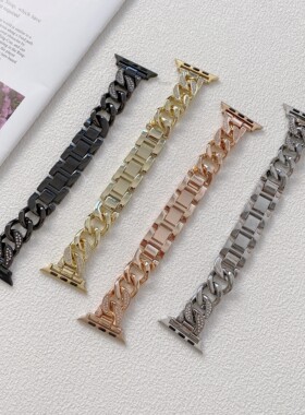 适用苹果iwatch7/8代se65432金属单排镶钻牛仔链手表带ultra手链