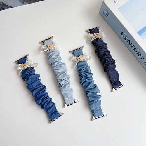 适用苹果蝴蝶结弹力牛仔发圈表带