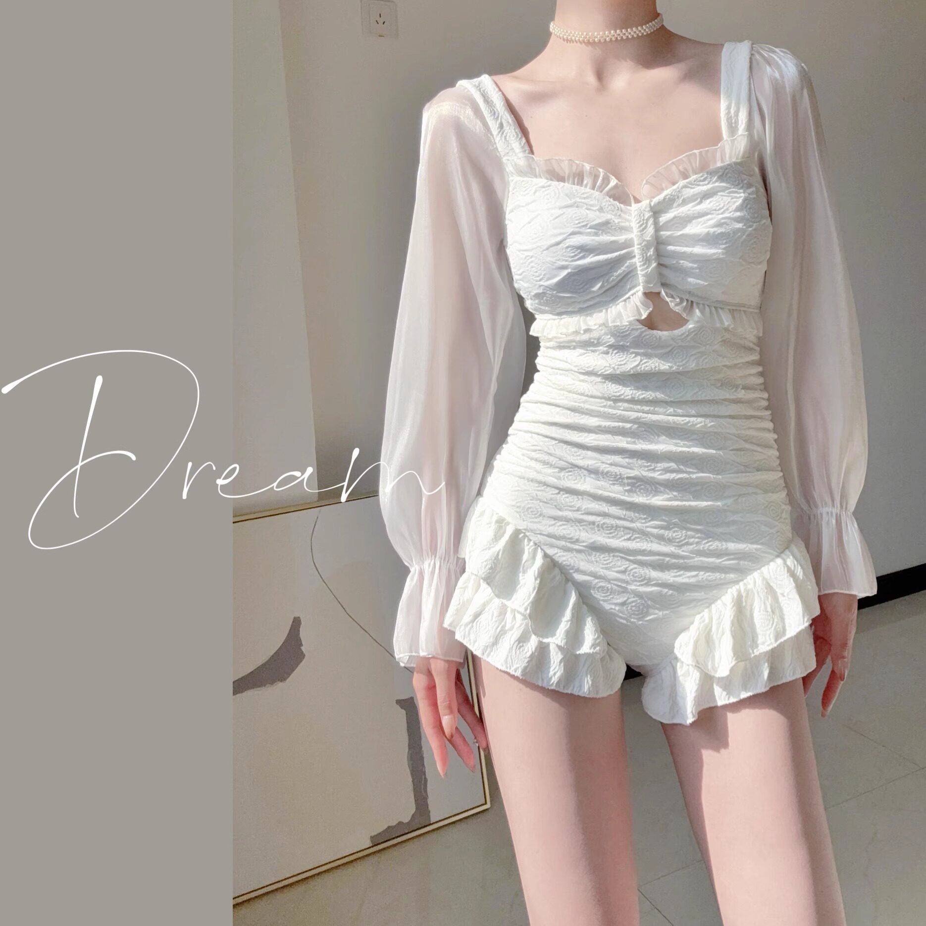 蜜Dream温泉泳衣女高级感长袖保守2024新款小胸聚拢微胖女孩显瘦