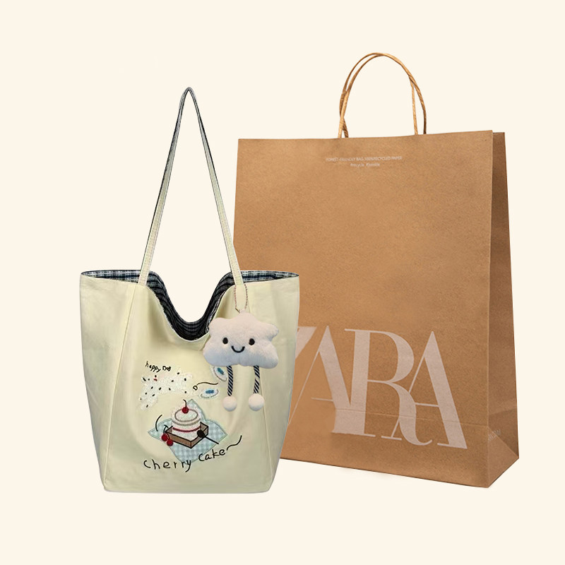 女包大容量卡通刺绣帆布包2025新款双面单肩包可爱少女托特包