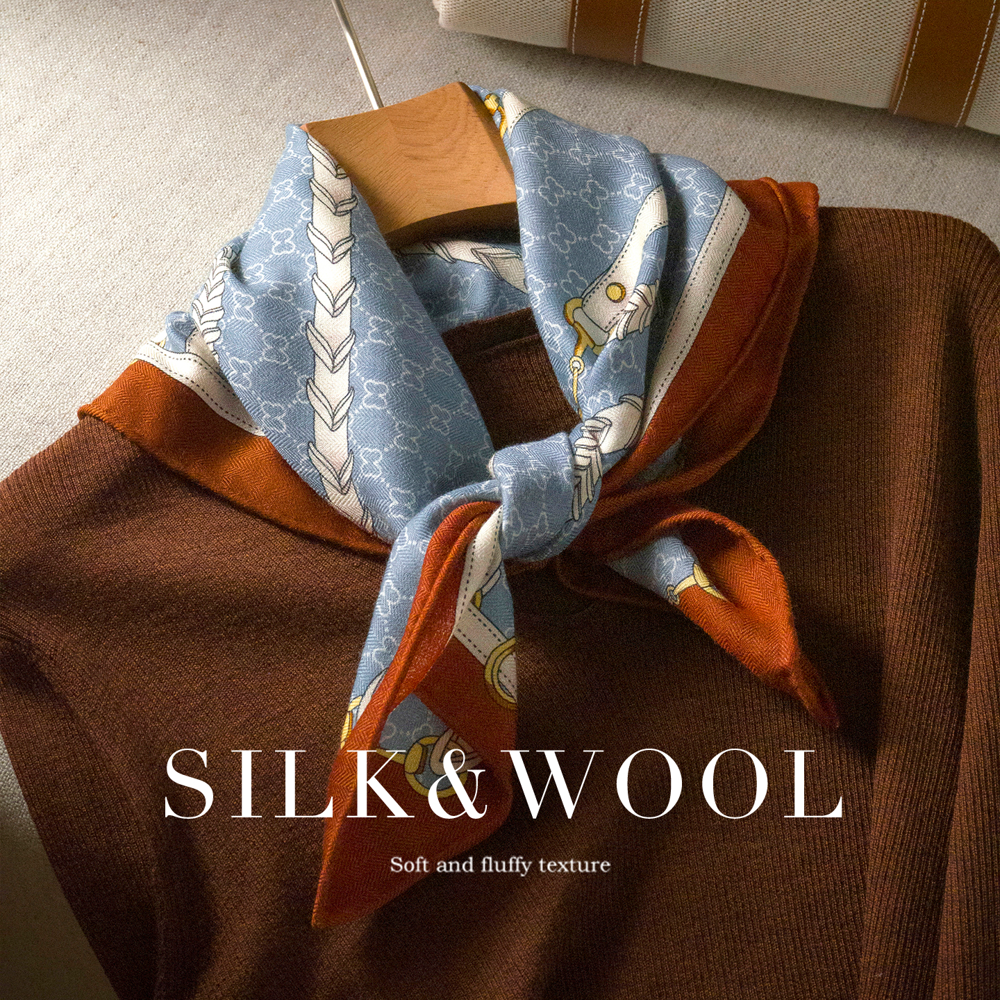 蓝色真丝羊毛丝巾女2025新款秋季冬系脖高级感羊绒围巾护颈高级感