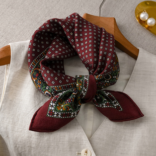 红色真丝羊毛丝巾小方巾女士秋冬季轻奢高级感羊绒短围巾复古高端