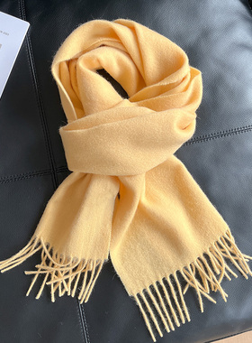 黄色纯羊毛围巾女2025新款秋冬季高级感羊绒护颈小围脖长纯色鹅黄