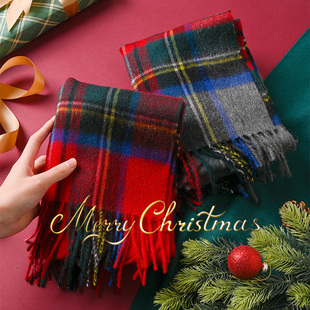 格子围巾纯羊毛女秋冬季绿100羊绒小围脖红色儿童高级感冬天高端