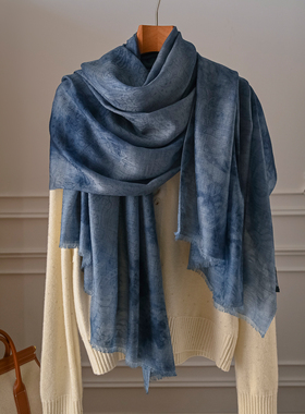 蓝色纯山羊绒围巾女款2025新款冬100精细高级感大牌轻薄高端披肩