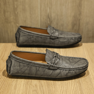 2026年春季休闲风豆豆鞋男真皮一脚蹬懒人乐福鞋透气软底商务皮鞋