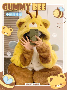 可爱小熊蜂蜜闺蜜加厚大码睡袍女冬季珊瑚绒睡衣连体衣家居服套装