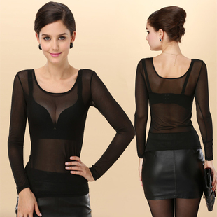 纱网上衣黑纱透视布料薄沙网女打底衫蕾丝秋冰丝原宿带网纱的t恤