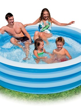 正品INTEX淡蓝家庭充气水池休闲游泳池游戏球池57481含座位放杯口