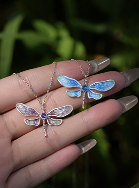 阿林原创手工高温珐琅蜻蜓足银链子可调节