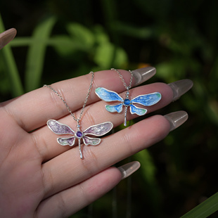 阿林原创手工高温珐琅蜻蜓足银链子可调节