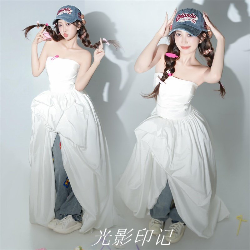 影楼摄影服装白色抹胸长款大摆裙时尚街拍拖尾礼服叠穿套装