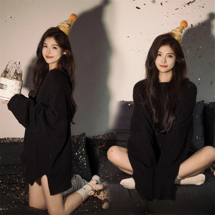 影楼高级感小心机露肩毛衣裙子遮肉显瘦针织连衣裙中长款辣妹上衣