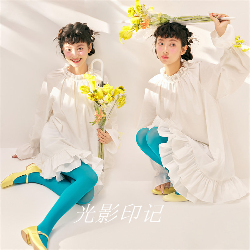 影楼法式白色花边领长袖连衣裙宽松短款大摆荷叶边叠穿罩衫衬衫裙