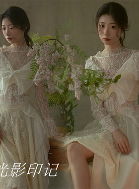 影楼新款法式复古油画清冷风少女连衣裙肖像艺术写真拍照摄影服装