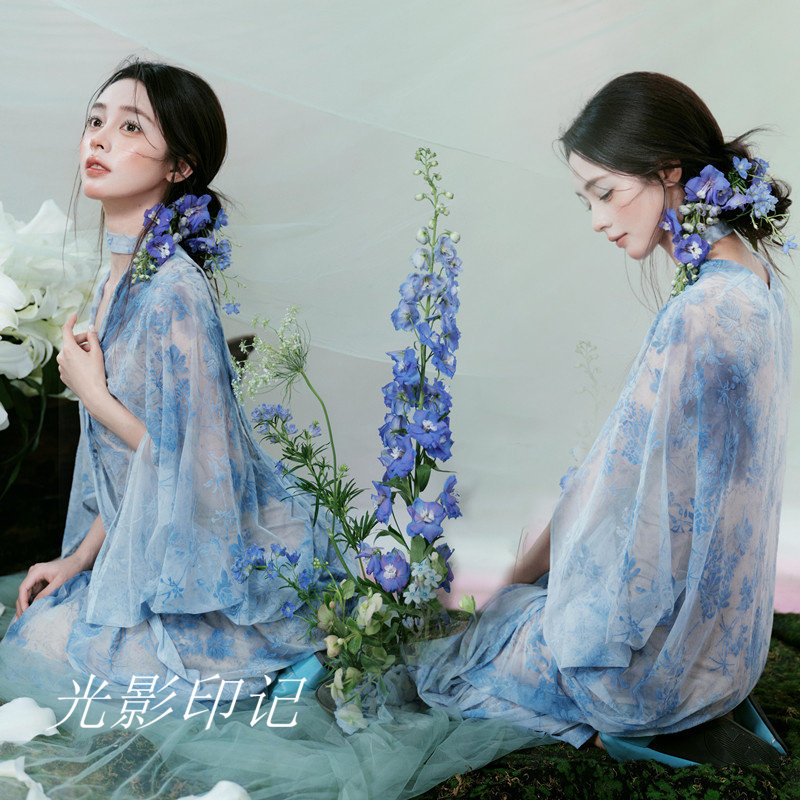 影楼法式复古蓝色在逃公主礼服