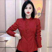 新品 原创个性 上衣 彩色秋冬棉质衬衫 女时尚 立领木耳飞边长袖 修身