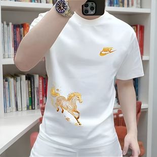 2026年流行个性马到成功印花短袖T恤男白色骏马图案潮男帅气上衣