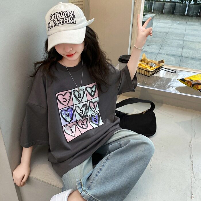 夏季新款女童爱心印花短袖T恤潮图片