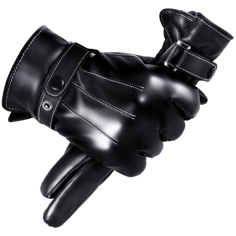 LEATHER GLOVES MENS WINTER CYCLING WINDPROOF WATERPROOF AND VELVET THICKENED WARMTH MOTORCYCLE RIDING GLOVES WINTER TOUCH SCREEN