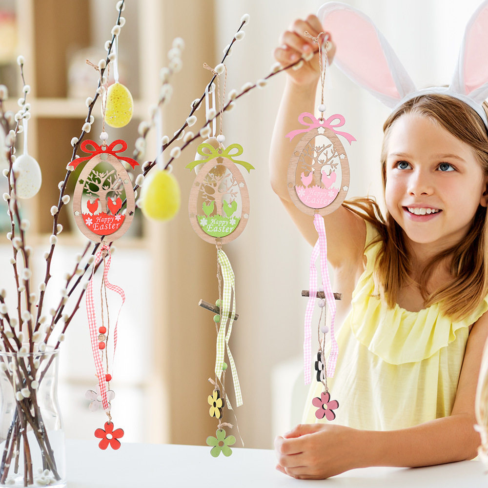 h1复活节蛋形树木质小挂件 缕空彩绘鸡蛋木质挂件 小树吊件挂饰