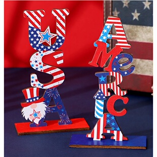 H4新款美国独立日装饰品 木质字母USA桌面摆饰无脸侏儒公仔摆件