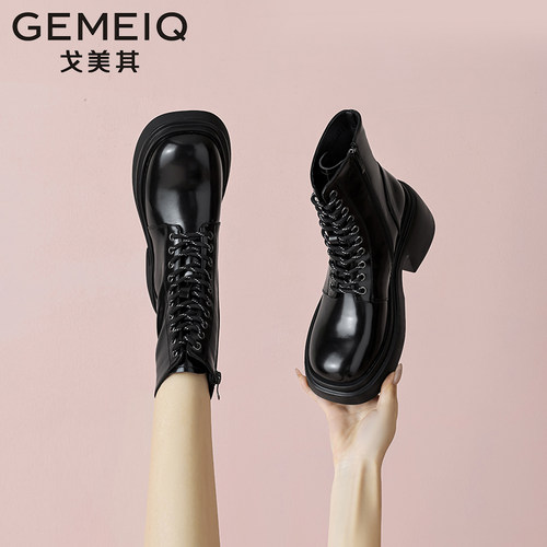 戈美其机车靴厚底小短靴粗跟粗跟