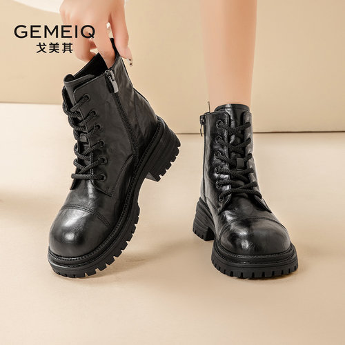 戈美其粗跟交叉绑带马丁靴