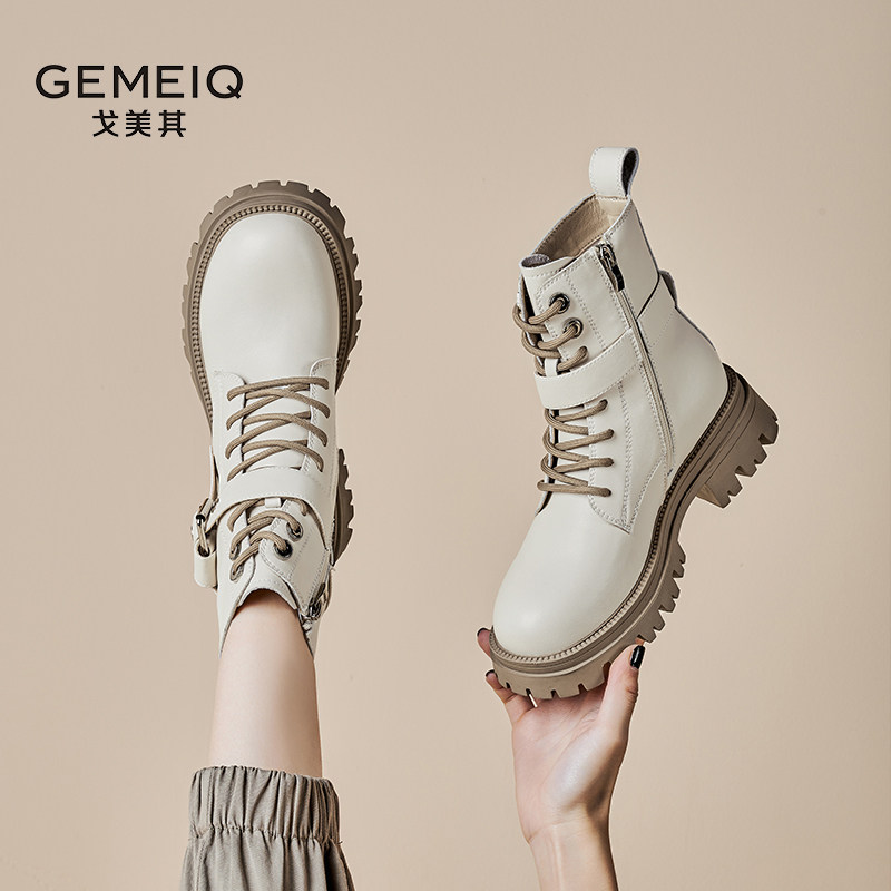 戈美其复古英伦风机车靴短筒靴