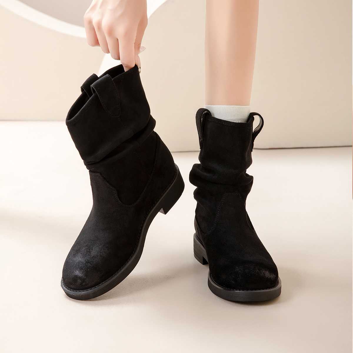 戈美其粗跟褶皱时装靴