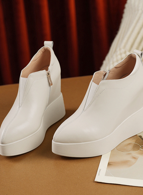 北西迪12CM真皮内增高女鞋真皮百搭春秋单鞋米白色尖头厚底松糕鞋