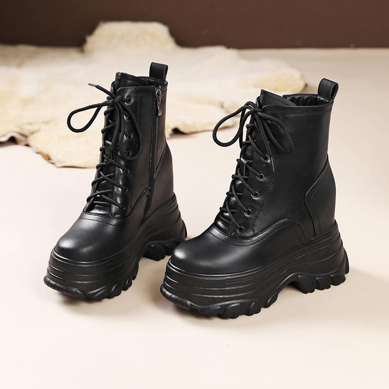 12CM秋冬保暖真皮厚底坡跟短靴女