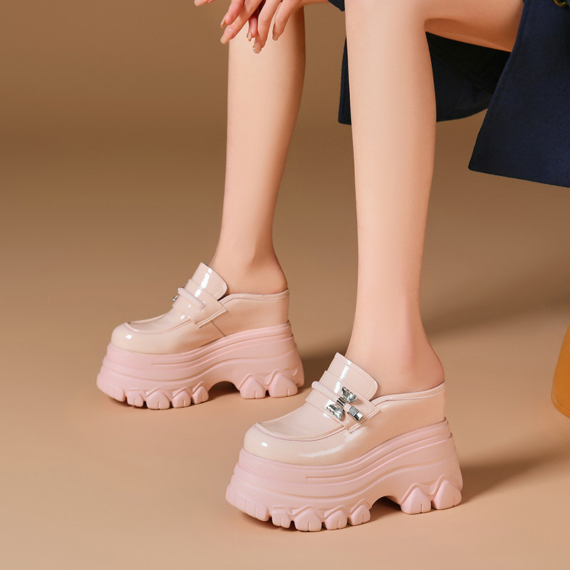 北西迪小个子12cm内增高包头拖鞋女高皮漆皮高跟厚底松糕休闲半拖