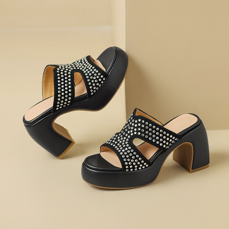 北西迪9CM真皮露趾粗跟凉鞋女夏季百搭蓝色烫钻高跟外穿一字凉拖