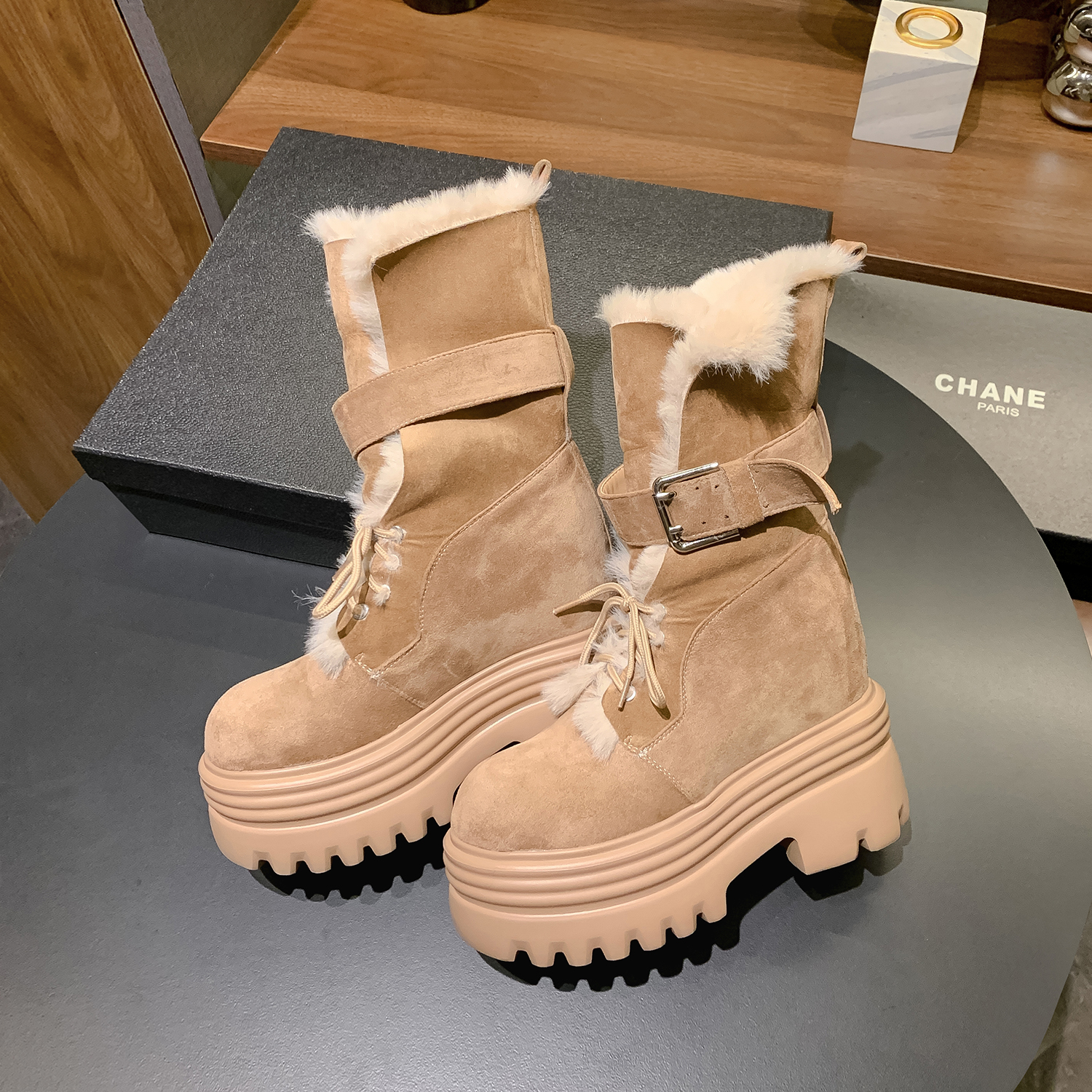 12CM秋冬新款翻毛皮增高雪地靴