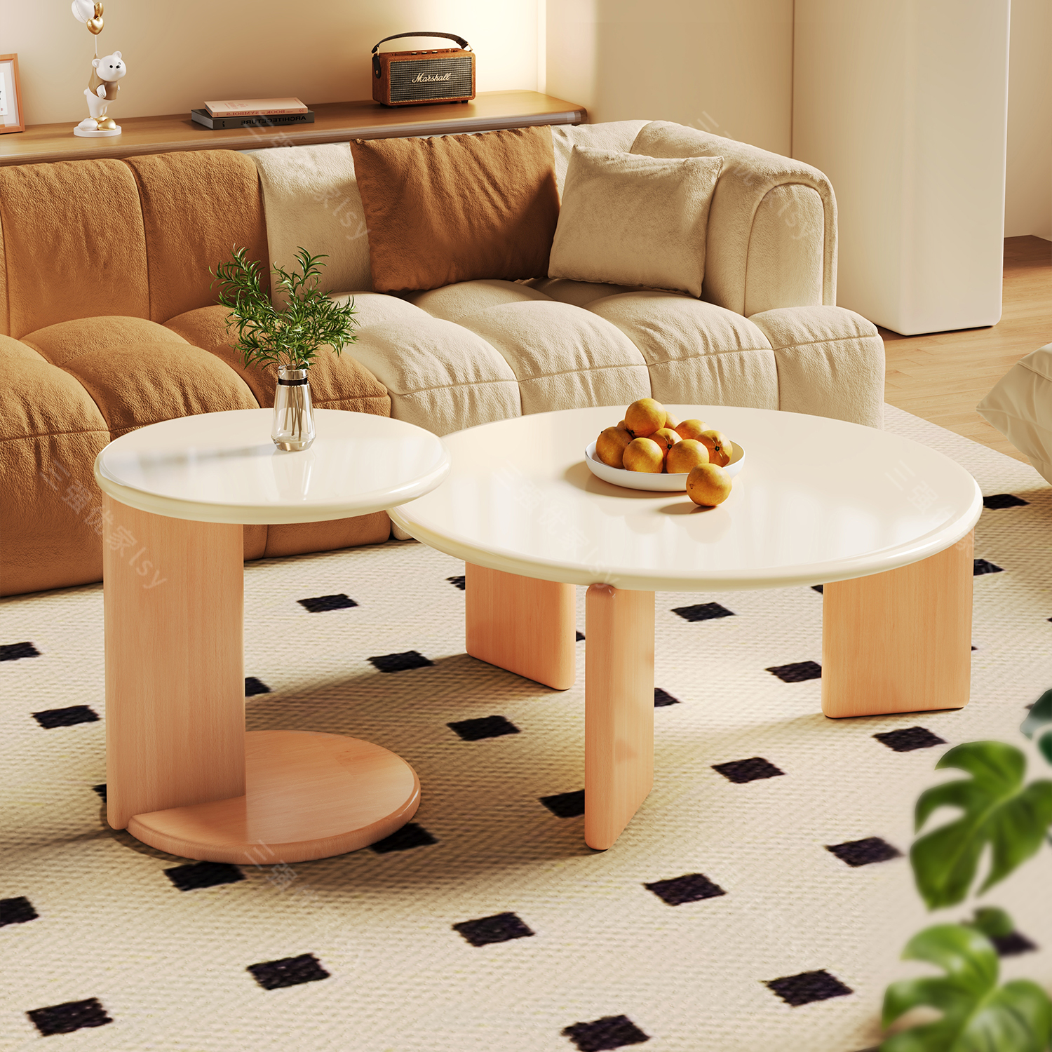 圆形原木风茶几侘寂风现代简约