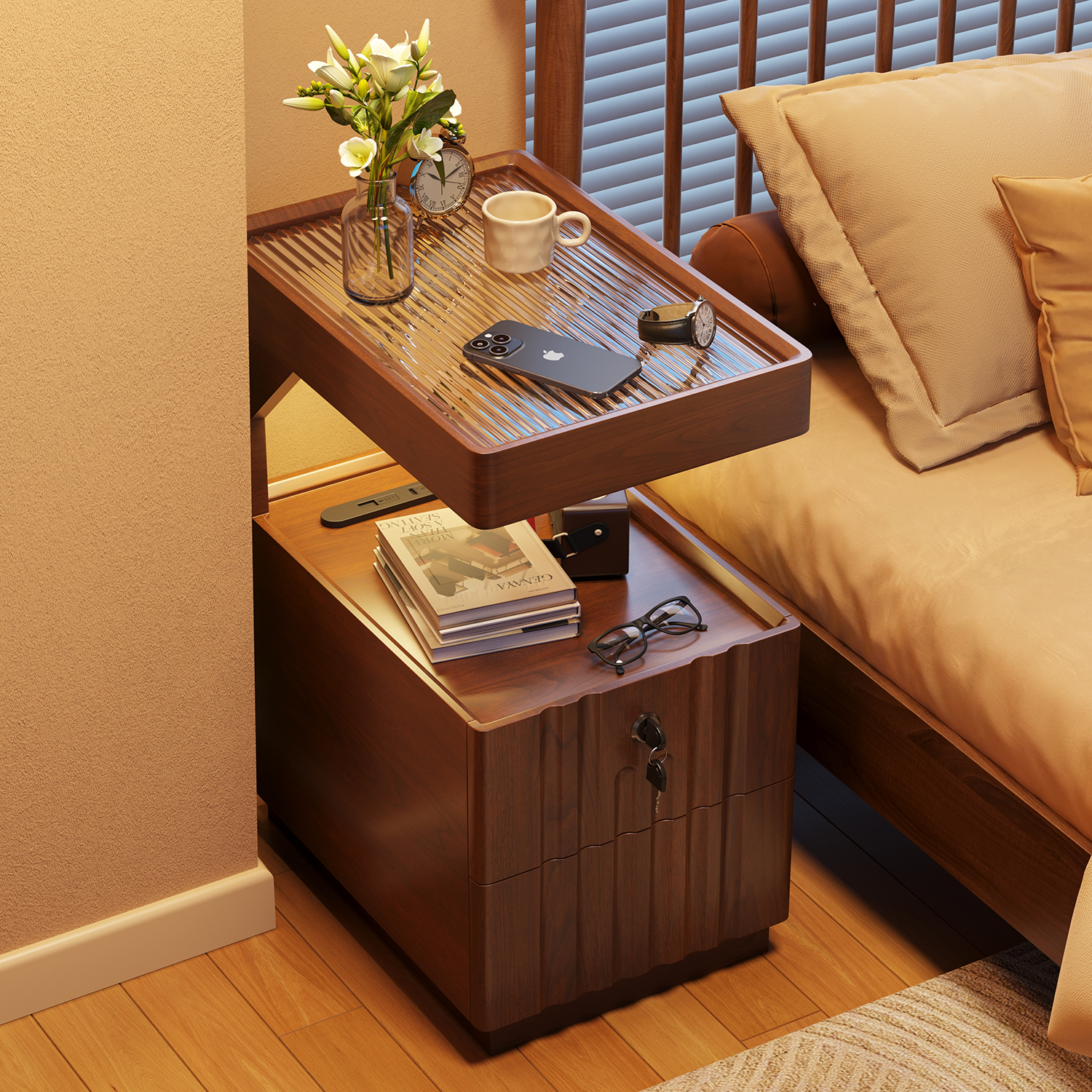 实木窄胡桃玻璃茶桌沙发边几