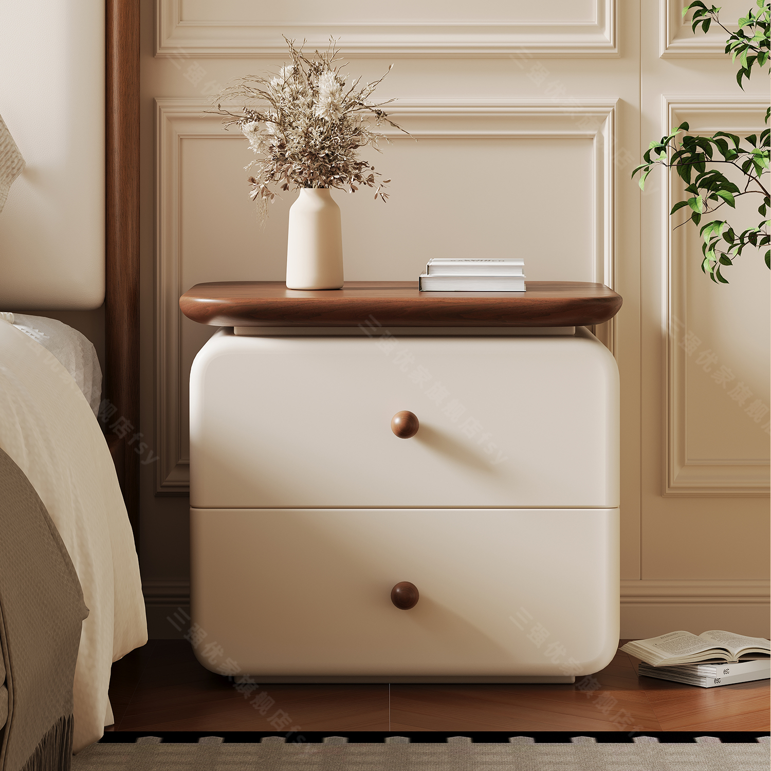 实木床头柜子奶油风家用卧室
