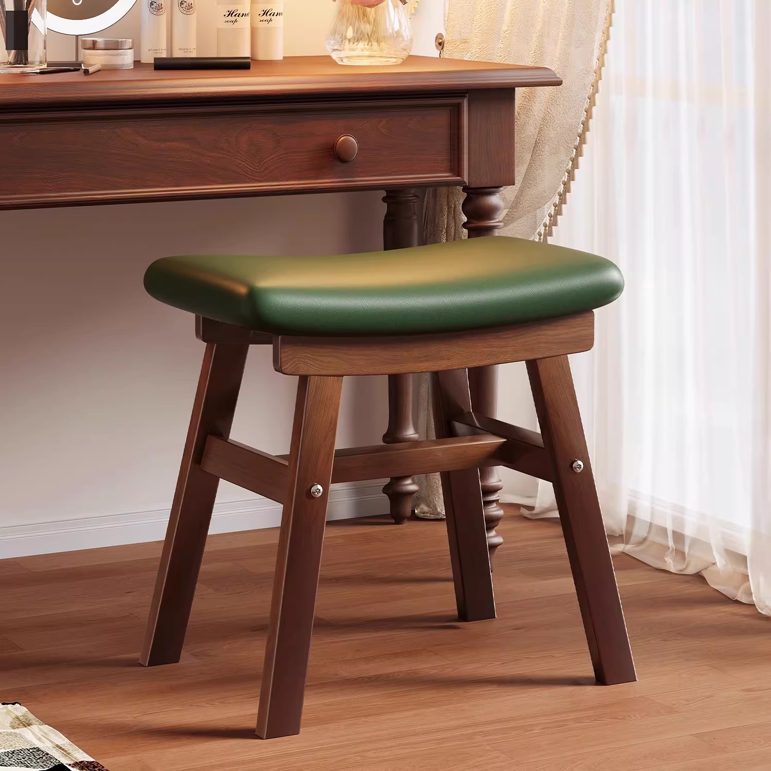 梳妆凳实木马鞍凳家用化妆凳女生卧室梳妆台凳子中古风方板凳椅子