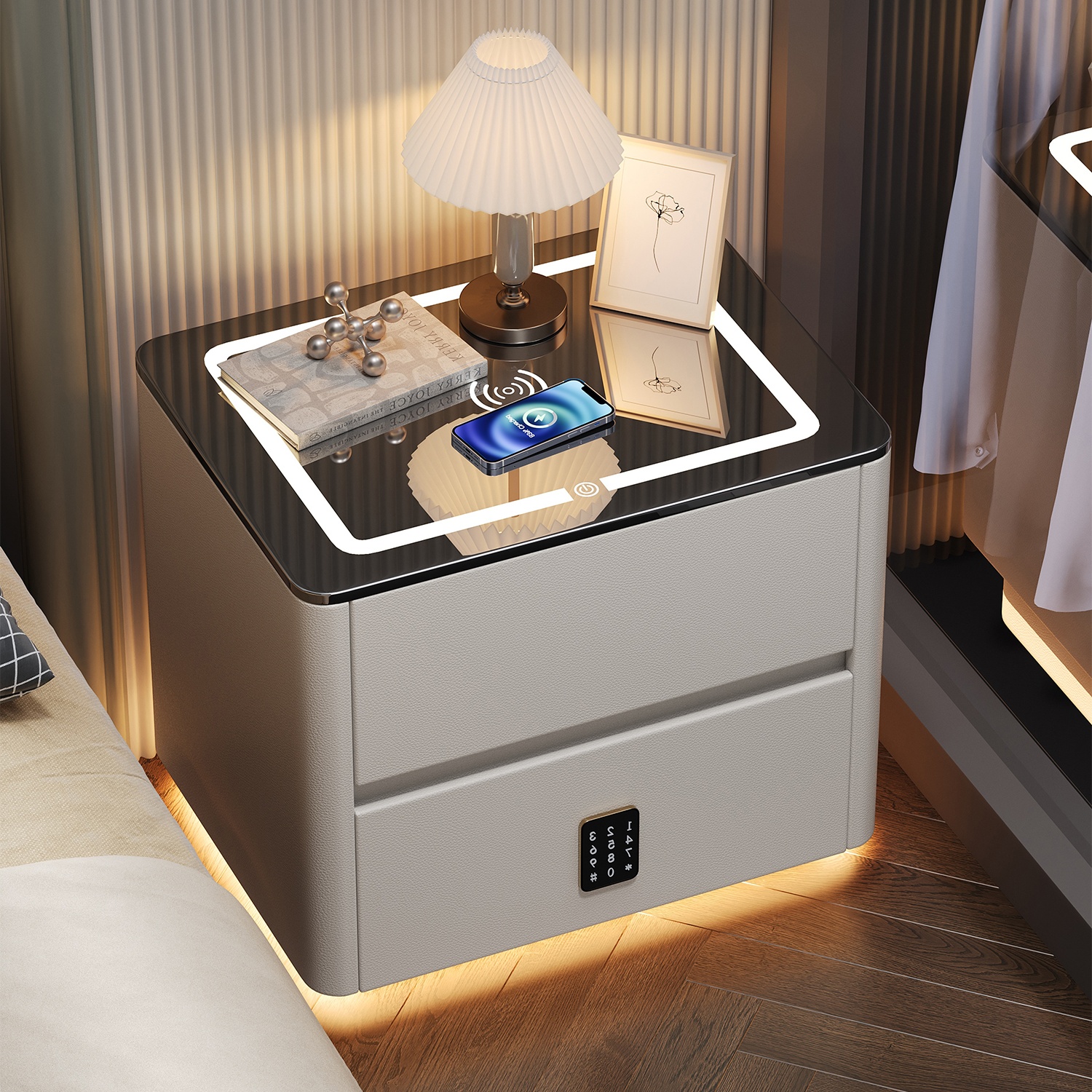 智能床头柜家用卧室2025新款轻奢高级感主卧无线充电实木爆款柜子