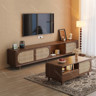 电视柜藤编落地柜客厅电视机柜家用茶几电视组合柜收纳储物一体柜