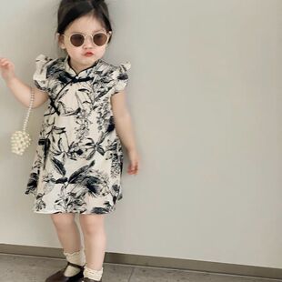童装女童夏装旗袍裙复古水墨印花连衣裙民族风裙子