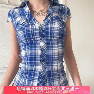 襯衫 FabGirls 美式 女高藍(lán)白格紋口袋拼接排扣短袖 復(fù)古顯瘦短上衣