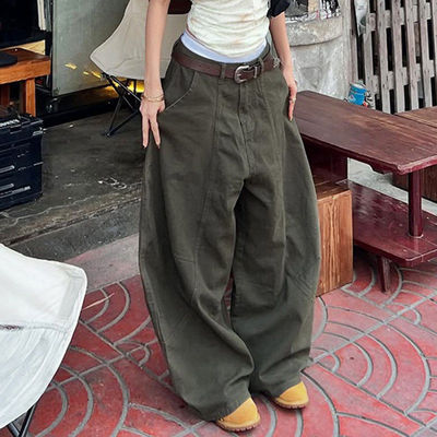 美式街头口袋拼接分割低腰牛仔裤