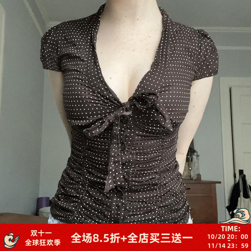 FabGirls 复古小波点褶皱排扣收腰系带短袖T恤 小众百搭显瘦上衣