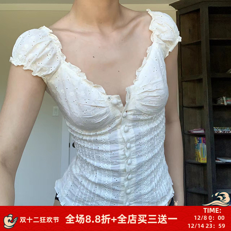 褶皱蕾丝花边短袖T恤夏